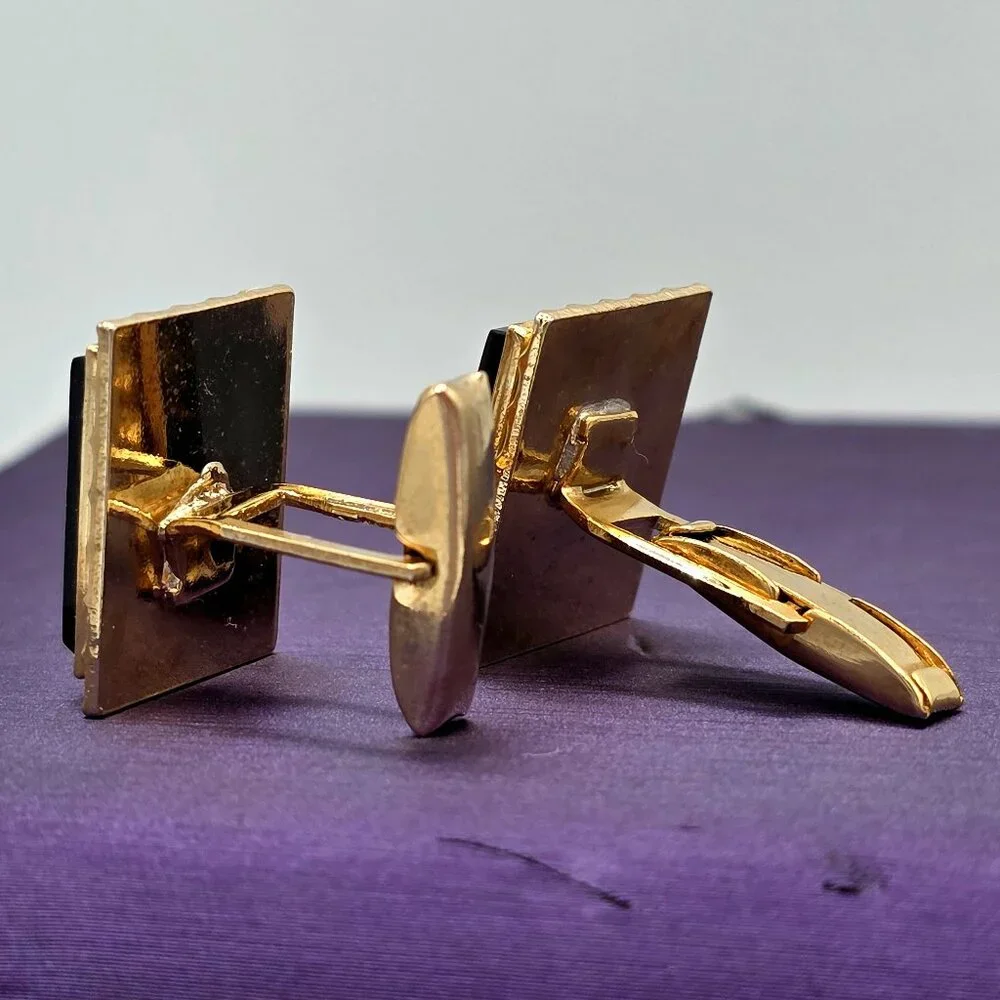 VTG Gold Finish Postage Stamp Rectangle Black MCM Mid Century Modern Cuff Links